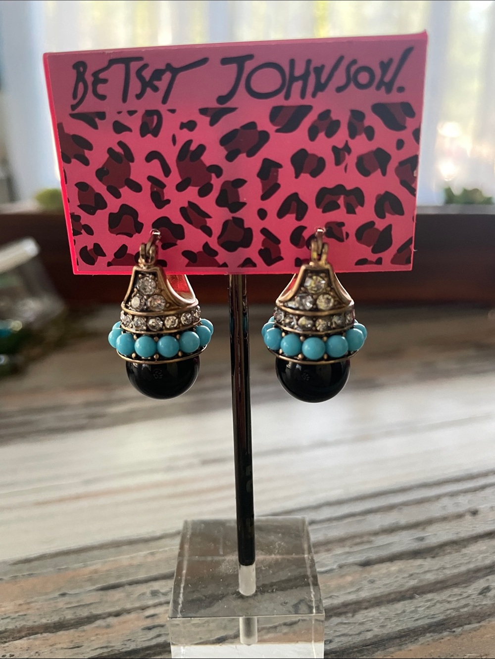 Betsey Johnson Turquoise and Black Beaded Drop Earrings with Gold-Tone Accents